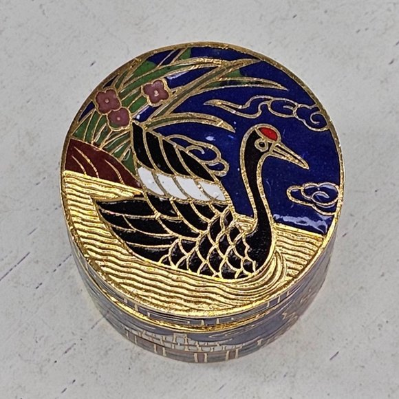 Vintage Cloisonne Enamel Miniature Trinket Snuff Crane Bird Lidded - Picture 3 of 9